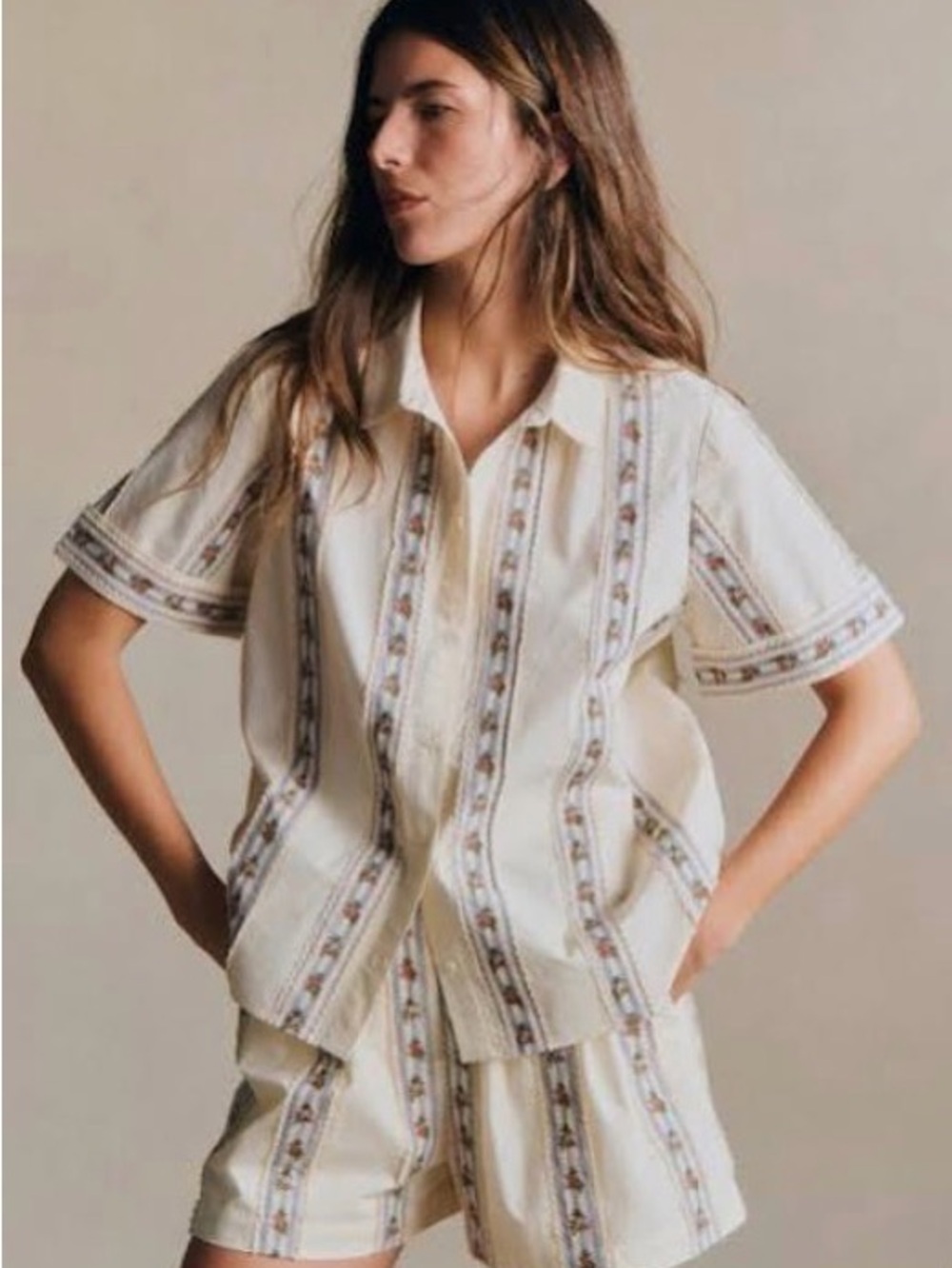 Sézane Livia Shirt Ecru Embroidery Blue Stripes Size 34 XS